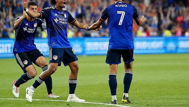 FC Cincinnati forward Yuya Kubo (7) celebrates a goal in the second period of extra time during a U.S. Open Cup semifinal match between Inter Miami and FC Cincinnati, Wednesday, Aug. 23, 2023, at TQL Stadium in Cincinnati.