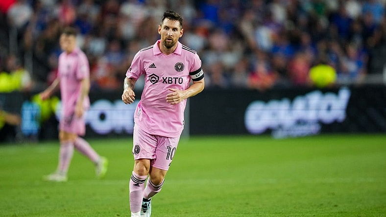 Aug 23, 2023; Cincinnati, OH, USA; Inter Miami CF forward Lionel Messi (10) runs on the field against FC Cincinnati at TQL Stadium. Mandatory Credit: Aaron Doster-USA TODAY Sports
