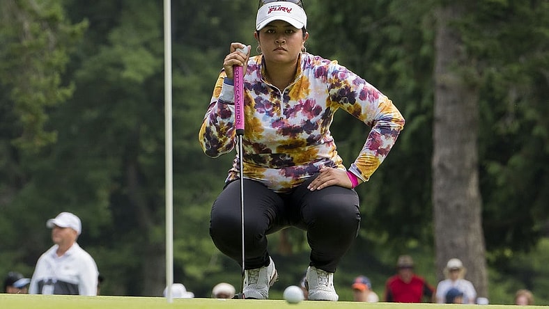 Aug 25, 2023; Vancouver, British Columbia, CAN; Lilia Vu lines up her putt on the sixth green during the second round of the CPKC Women's Open golf tournament at Shaughnessy Golf & Country Club. Mandatory Credit: Bob Frid-USA TODAY Sports