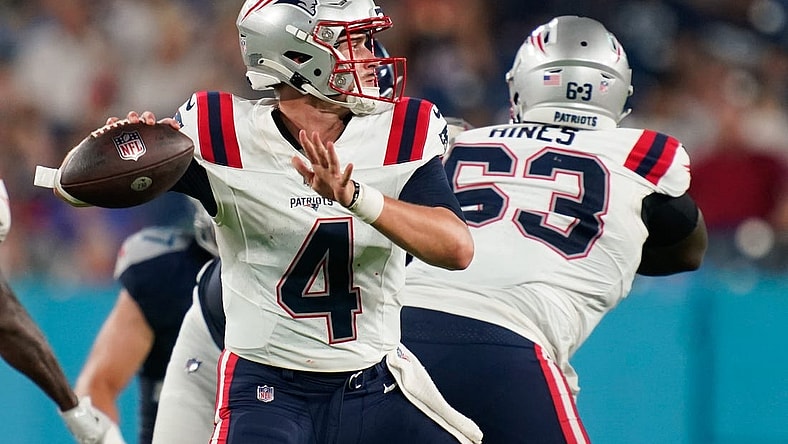 Aug 25, 2023; Nashville, Tennessee, USA; New England Patriots quarterback Bailey Zappe (4) throws a pass during the third quarter against the Tennessee Titans at Nissan Stadium. Mandatory Credit: Andrew Nelles-USA TODAY Sports