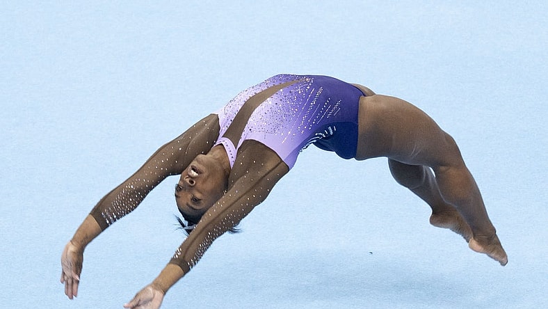 August 25, 2023; San Jose, California, USA; Simone Biles performs on the floor exercise during the 2023 U.S. Gymnastics Championships at SAP Center. Mandatory Credit: Kyle Terada-USA TODAY Sports