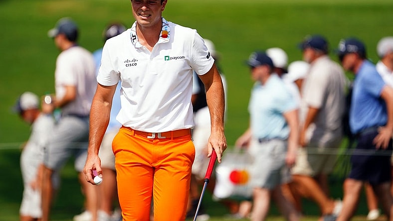 Aug 26, 2023; Atlanta, Georgia, USA; Viktor Hovland after putt out on the fifth green during the third round of the TOUR Championship golf tournament at East Lake Golf Club. Mandatory Credit: John David Mercer-USA TODAY Sports