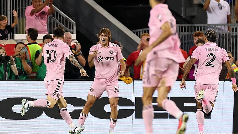 Aug 26, 2023; Harrison, New Jersey, USA; Inter Miami CF forward Lionel Messi (10) celebrates after scoring a goal against the New York Red Bulls with midfielder Benjamin Cremaschi (30) during the second half at Red Bull Arena. Mandatory Credit: Vincent Carchietta-USA TODAY Sports