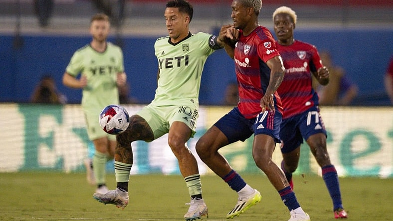 Aug 26, 2023; Frisco, Texas, USA; Austin FC forward Sebastian Driussi (10) and FC Dallas defender Nkosi Tafari (17) battle for control of the ball during the first half at Toyota Stadium. Mandatory Credit: Jerome Miron-USA TODAY Sports