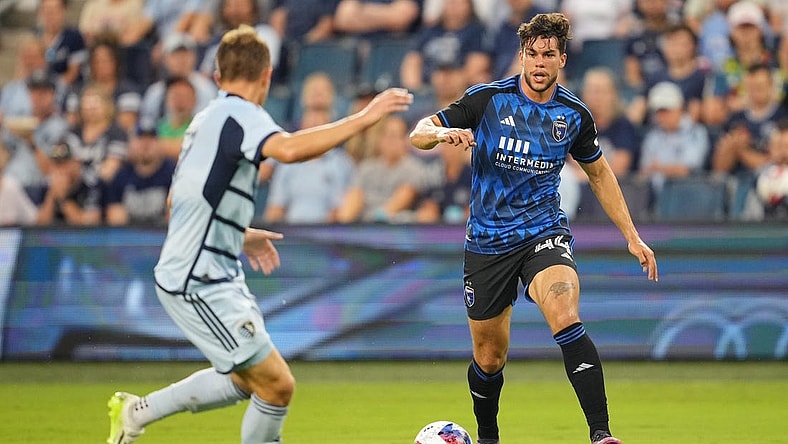 Aug 26, 2023; Kansas City, Kansas, USA; San Jose Earthquakes forward Cade Cowell (44) in action against Sporting Kansas City during the first half at Children's Mercy Park. Mandatory Credit: Jay Biggerstaff-USA TODAY Sports