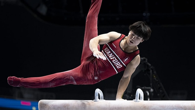 August 26, 2023; San Jose, California, USA; Asher Hong performs on the pommel horse during the 2023 U.S. Gymnastics Championships at SAP Center. Mandatory Credit: Kyle Terada-USA TODAY