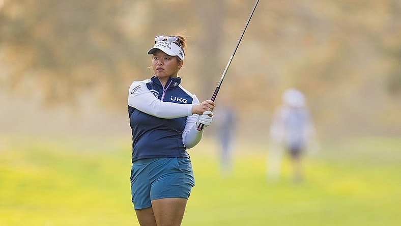 Aug 26, 2023; Vancouver, British Columbia, CAN; Megan Khang hits on the eighteenth hole during the third round of the CPKC Women's Open golf tournament at Shaughnessy Golf & Country Club. Mandatory Credit: Bob Frid-USA TODAY Sports