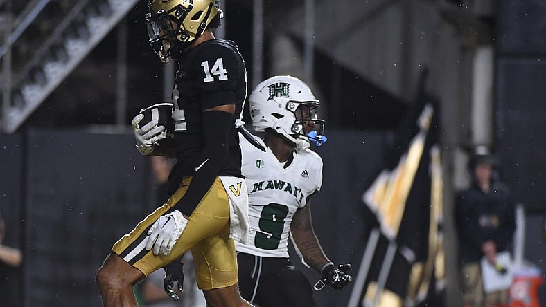 Aug 26, 2023; Nashville, Tennessee, USA; Vanderbilt Commodores wide receiver Will Sheppard (14) catches a touchdown pass during the first half against the Hawaii Warriors at FirstBank Stadium. Mandatory Credit: Christopher Hanewinckel-USA TODAY Sports