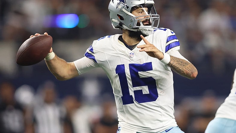 Aug 26, 2023; Arlington, Texas, USA; Dallas Cowboys quarterback Will Grier (15) throws a pass in the fourth quarter against the Las Vegas Raiders at AT&T Stadium. Mandatory Credit: Tim Heitman-USA TODAY Sports