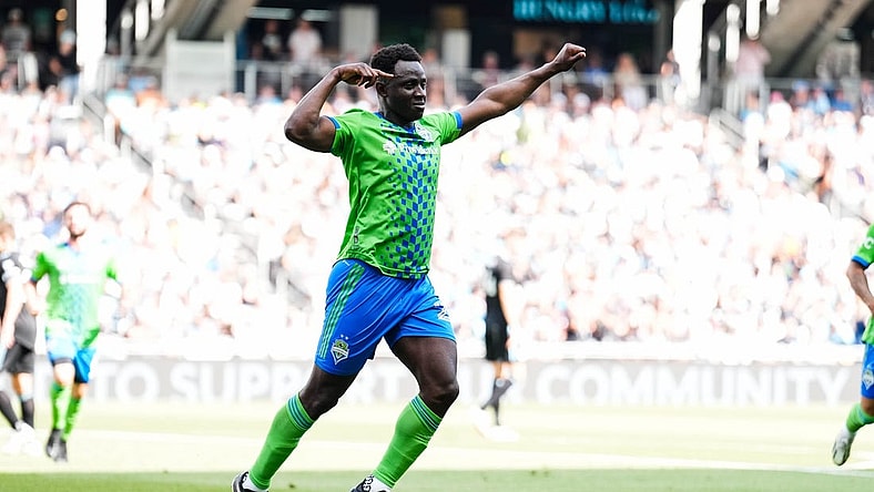 Aug 27, 2023; Saint Paul, Minnesota, USA; Seattle Sounders defender Yeimar Gomez (28) celebrates his goal during the first half against Minnesota United at Allianz Field. Mandatory Credit: Brace Hemmelgarn-USA TODAY Sports