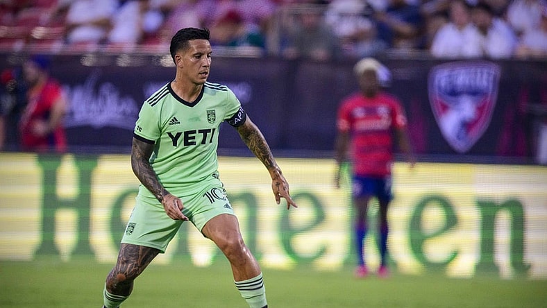 Aug 26, 2023; Frisco, Texas, USA; Austin FC forward Sebastian Driussi (10) in action during the game between FC Dallas and Austin FC at Toyota Stadium. Mandatory Credit: Jerome Miron-USA TODAY Sports
