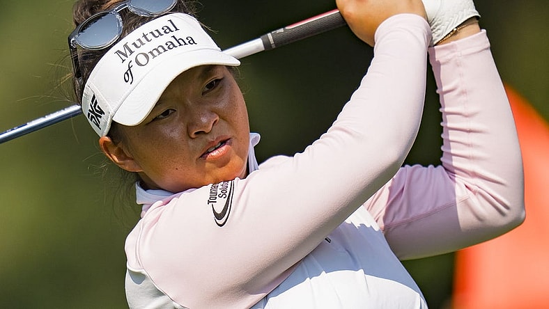 Aug 27, 2023; Vancouver, British Columbia, CAN; Megan Khang tees off on the fourth hole during the final round of the CPKC Women's Open golf tournament at Shaughnessy Golf & Country Club. Mandatory Credit: Bob Frid-USA TODAY Sports