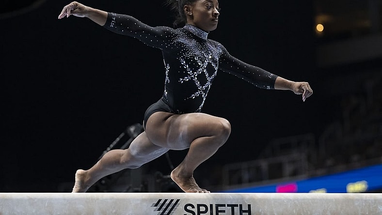 August 27, 2023; San Jose, California, USA; Simone Biles performs on the balance beam during the 2023 U.S. Gymnastics Championships at SAP Center. Mandatory Credit: Kyle Terada-USA TODAY