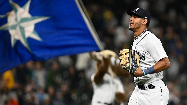 Aug 28, 2023; Seattle, Washington, USA; Seattle Mariners center fielder Julio Rodriguez (44) jogs off the field after the Mariners defeated the Oakland Athletics at T-Mobile Park. Mandatory Credit: Steven Bisig-USA TODAY Sports