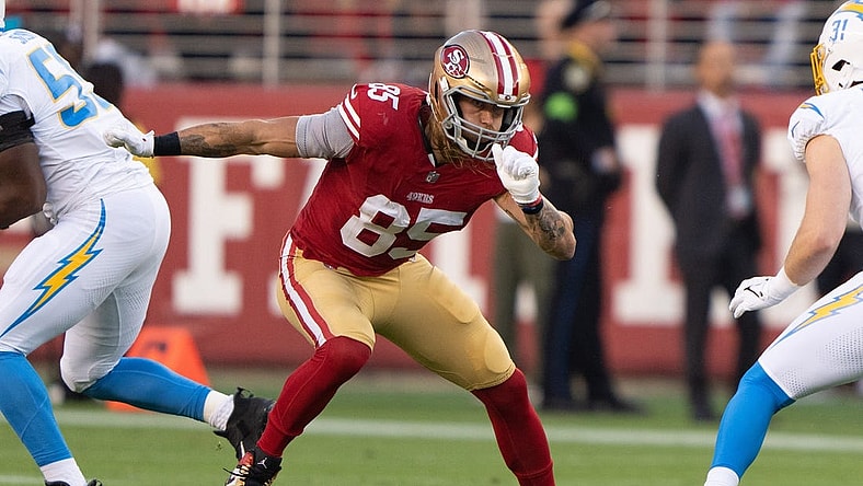Aug 25, 2023; Santa Clara, California, USA;  San Francisco 49ers tight end George Kittle (85) runs during the first quarter against the Los Angeles Chargers at Levi's Stadium. Mandatory Credit: Stan Szeto-USA TODAY Sports