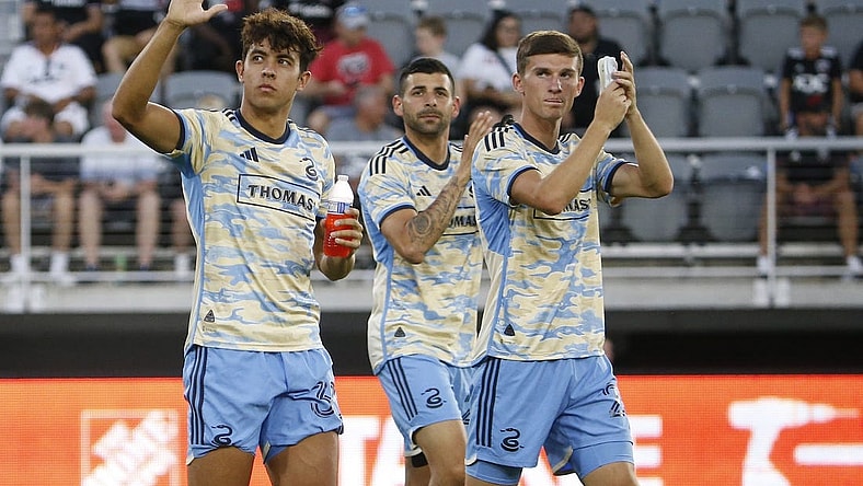 Aug 26, 2023; Washington, District of Columbia, USA; Philadelphia Union players wave to fans in the stands prior to their game against D.C. United at Audi Field. Mandatory Credit: Amber Searls-USA TODAY Sports