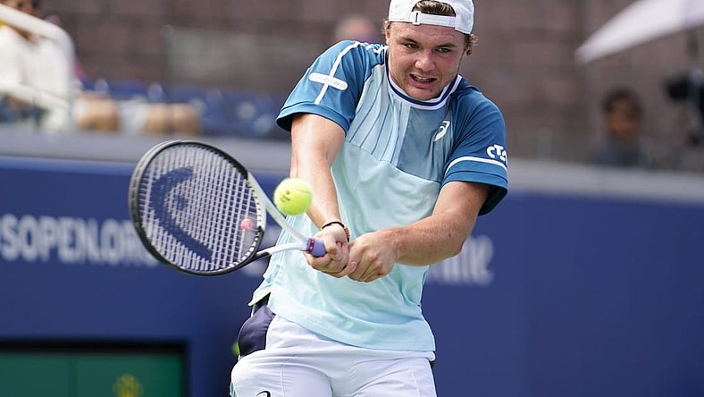 Aug 30, 2023; Flushing, NY, USA; Dominic Stricker of Switzerland hits to Stefanos Tsitsipas of Greece on day three of the 2023 U.S. Open tennis tournament at USTA Billie Jean King National Tennis Center. Mandatory Credit: Danielle Parhizkaran-USA TODAY Sports