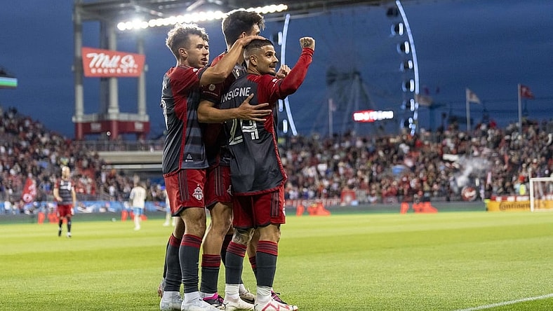Aug 30, 2023; Toronto, Ontario, CAN; Toronto FC forward Lorenzo Insigne (24) celebrates with teammates after scoring against the Philadelphia Union during the first half at BMO Field. Mandatory Credit: Kevin Sousa-USA TODAY Sports