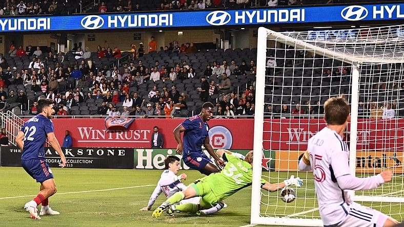 August 30, 2023; Chicago, Illinois, Vancouver Whitecaps forward Brian White (24) scores a goal against Chicago Fire FC during first half USA; at Soldier Field. Mandatory Credit: Jamie Sabau-USA TODAY Sports