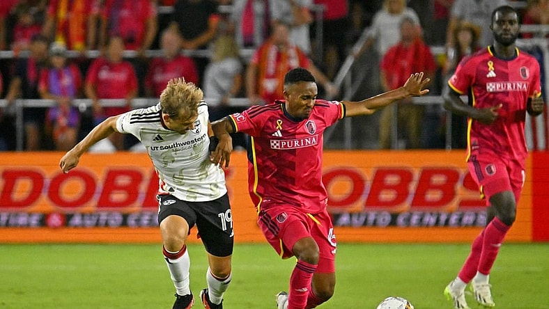 Aug 30, 2023; St. Louis, Missouri, USA; FC Dallas midfielder Paxton Pomykal (19) battles for the ball against St. Louis CITY SC midfielder Njabulo Blom (6) during the first half at CITYPARK. Mandatory Credit: Scott Rovak-USA TODAY Sports
