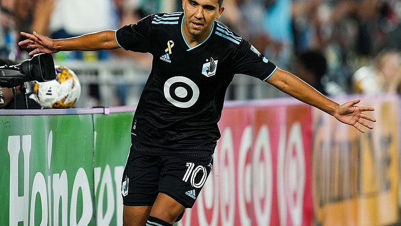Aug 30, 2023; Saint Paul, Minnesota, USA; Minnesota United midfielder Emanuel Reynoso (10) celebrates his second goal during the first half against Colorado Rapids at Allianz Field. Mandatory Credit: Brace Hemmelgarn-USA TODAY Sports