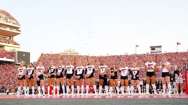 Aug 30, 2023; Lincoln, NE, USA; The Nebraska Cornhuskers watch a presentation before the match against the Omaha Mavericks at Memorial Stadium. Mandatory Credit: Dylan Widger-USA TODAY Sports