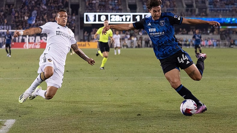 Aug 30, 2023; San Jose, California, USA;  San Jose Earthquakes forward Cade Cowell (44) controls the ball during the first half against Los Angeles Galaxy defender Calegari (2) at PayPal Park. Mandatory Credit: Stan Szeto-USA TODAY Sports