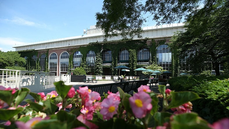 Jun 20, 2020; Elmont, New York, USA; General view of the grounds outside the grandstand at Belmont Park before the 152nd running of the Belmont Stakes. Mandatory Credit: Brad Penner-USA TODAY Sports