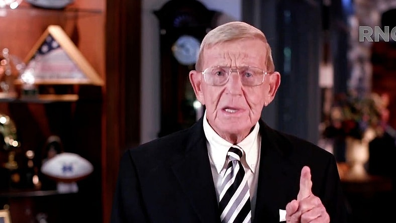 August 26, 2020; Washington, D.C., USA; (Editors Note: Screen grab from Republican National Convention video stream) Former football coach, Lou Holtz, speaks remotely during the Republican National Convention at the Mellon Auditorium in Washington, D.C. Mandatory Credit: Republican National Convention via USA TODAY NETWORK