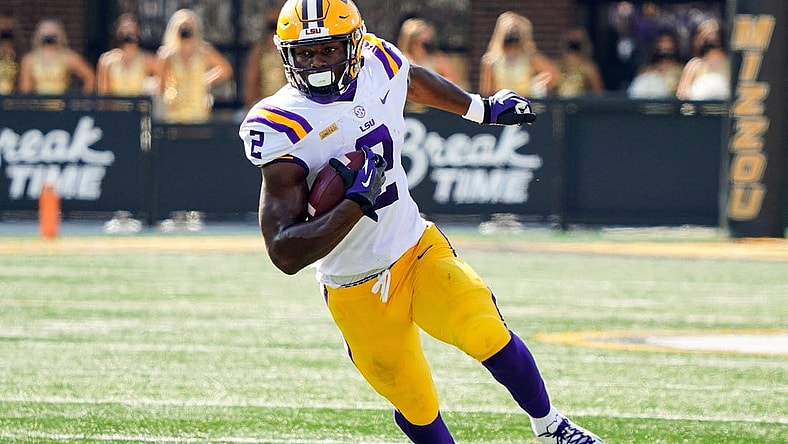 Oct 10, 2020; Columbia, Missouri, USA;  LSU Tigers tight end Arik Gilbert (2) runs against the Missouri Tigers during the first half at Faurot Field at Memorial Stadium. Mandatory Credit: Jay Biggerstaff-USA TODAY Sports