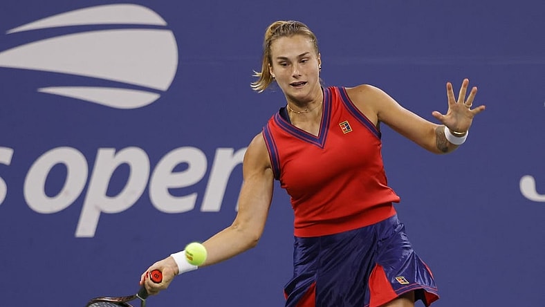 Sep 3, 2021; Flushing, NY, USA; Arnya Sabalenka of Belarus hits a forehand against Danielle Collins of the United States (not pictured) on day five of the 2021 U.S. Open tennis tournament at USTA Billie Jean King National Tennis Center. Mandatory Credit: Geoff Burke-USA TODAY Sportsa