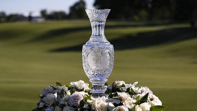 Sep 6, 2021; Toledo, Ohio, USA; The Solheim Cup is seen during the trophy presentation at the 2021 Solheim Cup at Invernes Club. Mandatory Credit: Raj Mehta-USA TODAY Sports