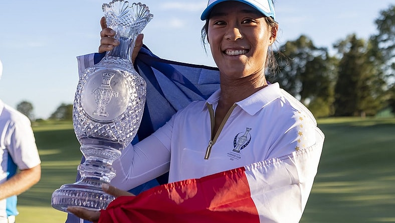 Sep 6, 2021; Toledo, Ohio, USA; Celine Boutier of Team Europe poses with the trophy at the 2021 Solheim Cup at Invernes Club. Mandatory Credit: Raj Mehta-USA TODAY Sports
