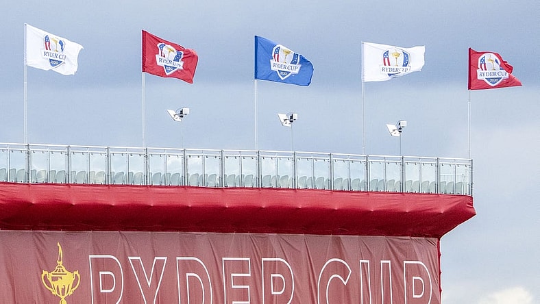 September 21, 2021; Kohler, Wisconsin, USA; General view of the 17th grandstands during a practice round for the 43rd Ryder Cup golf competition at Whistling Straits. Mandatory Credit: Kyle Terada-USA TODAY Sports