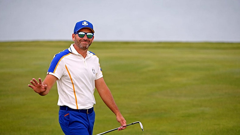 Sep 26, 2021; Haven, Wisconsin, USA; Team Europe player Sergio Garcia waves to the gallery on the 16th hole during day three singles rounds for the 43rd Ryder Cup golf competition at Whistling Straits. Mandatory Credit: Orlando Ramirez-USA TODAY Sports