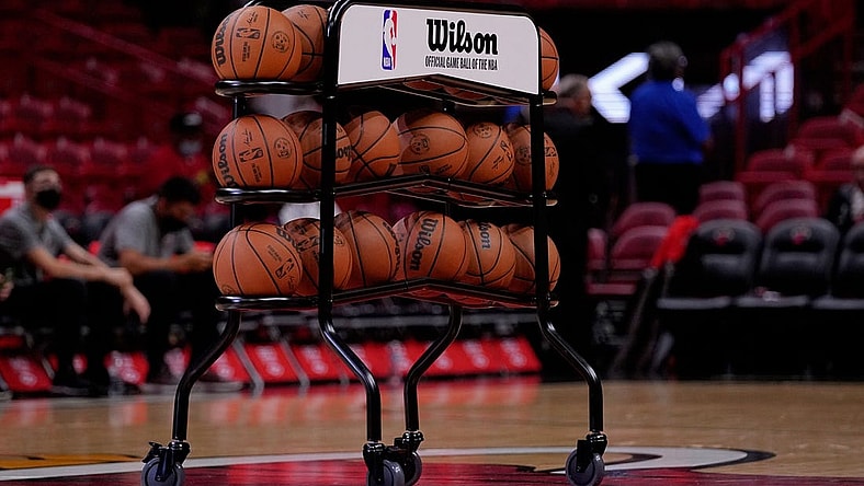 Oct 4, 2021; Miami, Florida, USA; A detailed view of a basketball cart on the court prior to the game between the Miami Heat and the Atlanta Hawks at FTX Arena. Mandatory Credit: Jasen Vinlove-USA TODAY Sports
