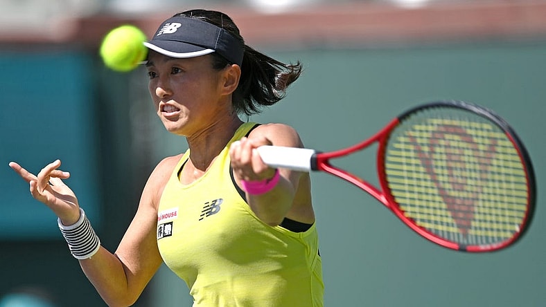 Oct 6, 2021; Indian Wells, CA, USA; Misaki Doi (JPN) in her first round match against Ann Li (not pictured) during the BNP Paribas Open at the Indian Wells Tennis Garden. Mandatory Credit: Jayne Kamin-Oncea-USA TODAY Sports
