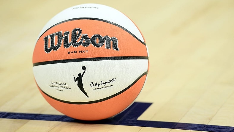 Oct 10, 2021; Phoenix, Arizona, USA; A view of the offical game ball during the second half of game one of the 2021 WNBA Finals between the Phoenix Mercury and the Chicago Sky at Footprint Center. Mandatory Credit: Joe Camporeale-USA TODAY Sports