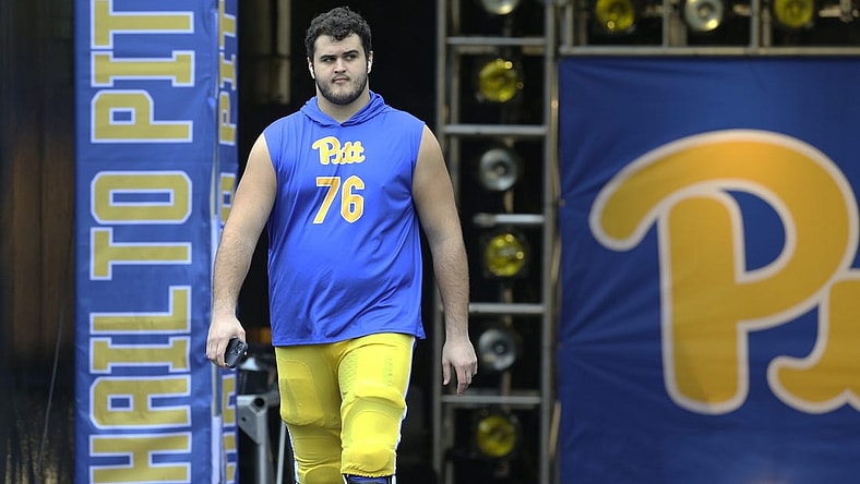 Oct 23, 2021; Pittsburgh, Pennsylvania, USA;  Pittsburgh Panthers offensive lineman Matt Goncalves (76) takes the field to warm up against the Clemson Tigers at Heinz Field. Mandatory Credit: Charles LeClaire-USA TODAY Sports
