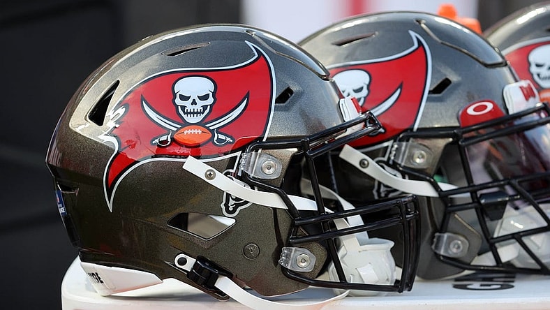Jan 9, 2022; Tampa, Florida, USA; A detail view of Tampa Bay Buccaneers helmets against the Carolina Panthers during the first half at Raymond James Stadium. Mandatory Credit: Kim Klement-USA TODAY Sports