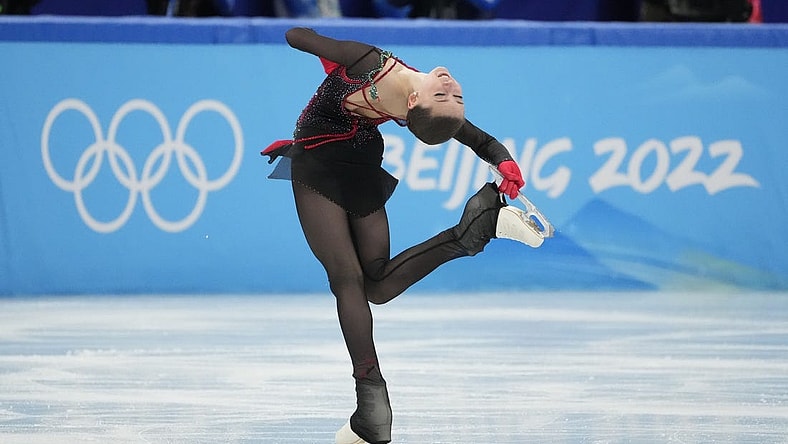 Feb 7, 2022; Beijing, China; Kamila Valieva (ROC) performs during the women's single free skating portion of the figure skating mixed team final during the Beijing 2022 Olympic Winter Games at Capital Indoor Stadium. Mandatory Credit: Robert Deutsch-USA TODAY Sports