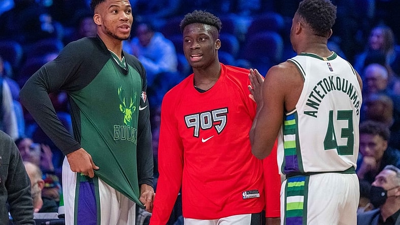 February 19, 2022; Cleveland, OH, USA; Team Antetokounmpo player Giannis Antetokounmpo of the Milwaukee Bucks (34), Team Antetokounmpo player Alex Antetokounmpo of the Raptors 905 of the NBA G League (29), Team Antetokounmpo player Thanasis Antetokounmpo of the Milwaukee Bucks (43) during the Skills Challenge during the 2022 NBA All-Star Saturday Night at Rocket Mortgage Field House. Mandatory Credit: Kyle Terada-USA TODAY Sports