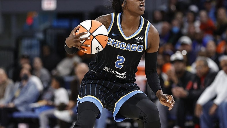 May 24, 2022; Chicago, Illinois, USA; Chicago Sky guard Kahleah Copper (2) brings the ball up court against the Indiana Fever during the first half at Wintrust Arena. Mandatory Credit: Kamil Krzaczynski-USA TODAY Sports