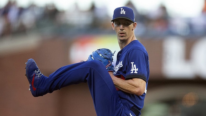 Jun 10, 2022; San Francisco, California, USA; Los Angeles Dodgers starting pitcher Walker Buehler (21) delivers a pitch against the San Francisco Giants during the second inning at Oracle Park. Mandatory Credit: D. Ross Cameron-USA TODAY Sports