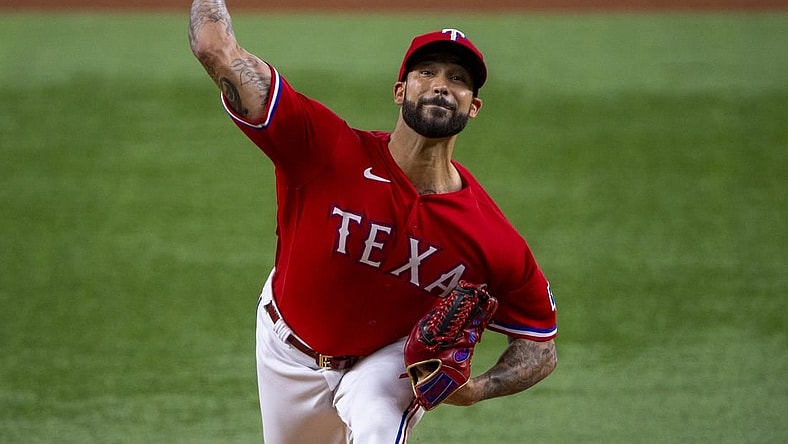 Jul 15, 2022; Arlington, Texas, USA; Texas Rangers starting pitcher Matt Bush (51) pitches against the Seattle Mariners during the first inning at Globe Life Field. Mandatory Credit: Jerome Miron-USA TODAY Sports