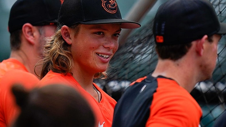 Jul 27, 2022; Baltimore, Maryland, USA; Baltimore Orioles number one draft pick Jackson Holliday during batting practice before game against the Tampa Bay Rays at Oriole Park at Camden Yards. Mandatory Credit: Tommy Gilligan-USA TODAY Sports