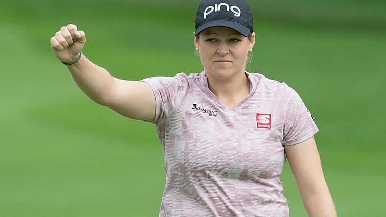 Aug 26, 2022; Ottawa, Ontario, CAN; Ally Ewing from the United States celebrates a birdie on the 18th hole during the second round of the CP Women's Open golf tournament. Mandatory Credit: Marc DesRosiers-USA TODAY Sports