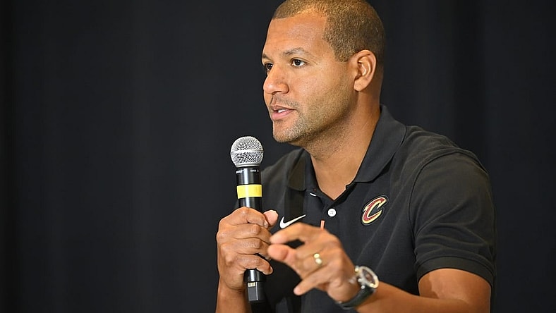 Sep 14, 2022; Cleveland, OH, USA; Cleveland Cavaliers president of basketball operations Koby Altman speaks to the media during an introductory press conference at Rocket Mortgage FieldHouse. Mandatory Credit: David Richard-USA TODAY Sports