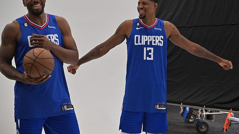 Los Angeles Clippers forward Kawhi Leonard (2) and Los Angeles Clippers guard Paul George (13) are photographed on media day at The Honey Training Center in Playa Vista, CA. Mandatory Credit: Jayne Kamin-Oncea-USA TODAY Sports