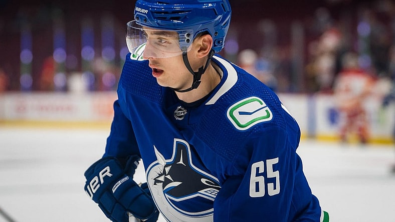 Sep 25, 2022; Vancouver, British Columbia, CAN; Vancouver Canucks forward Ilya Mikheyev (65) warms up prior to a game against the Calgary Flames at Rogers Arena. Calgary won 3-2 in overtime. Mandatory Credit: Bob Frid-USA TODAY Sports